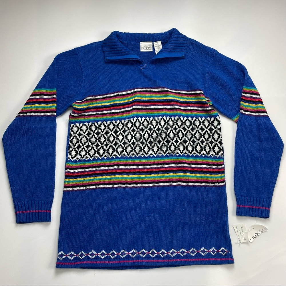 Vintage Sweater Striped NWT Deadstock Striped Rainbow Blue Women Medium Metallic